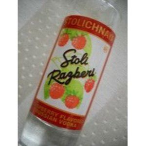 Stolichnaya Russian Razberi Raspberry Vodka Shot Glass Red White Label